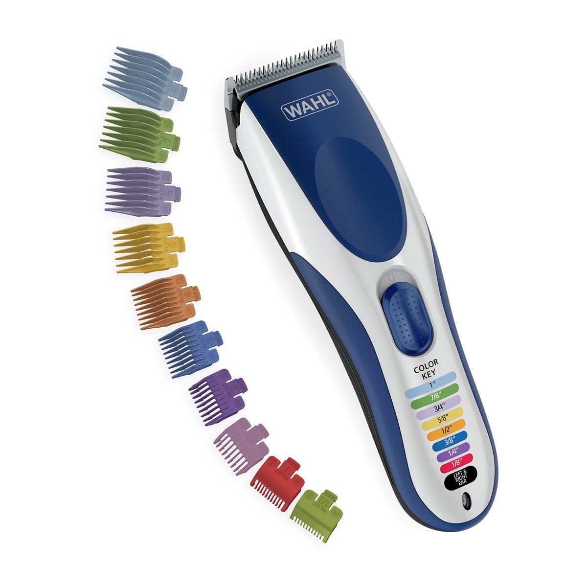 Kit de maquina de corte Wahl Color Pro recarregavel azul e branca com pentes coloridos