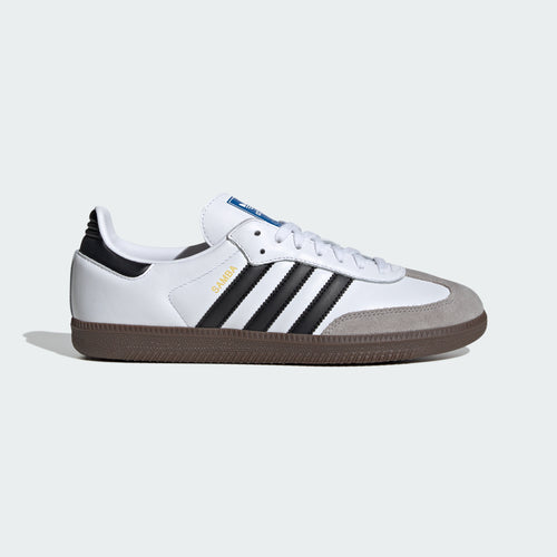 Tenis Adidas Samba OG branco com listras pretas e solado gum